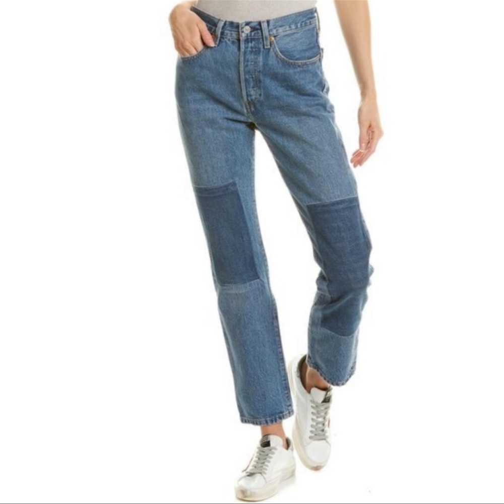 Levis 501 Premium Patch Work High Rise Button Fly Straight Leg Blue Jean Size 28